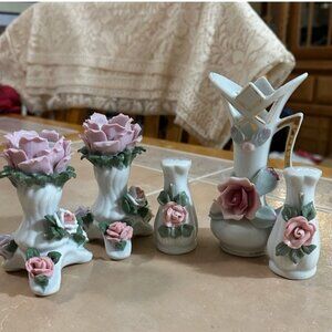 EUC 5 pc VTG Elegant Floral Porcelain Vase Set PLUS